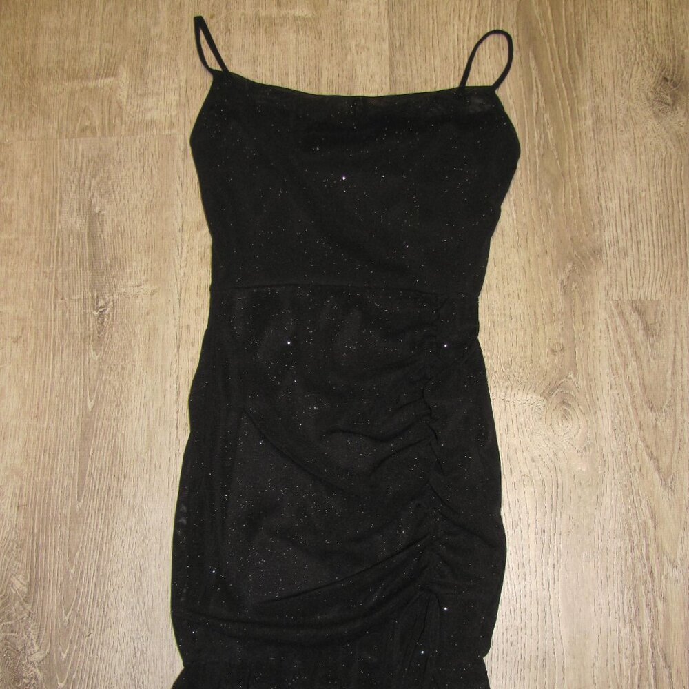 Misty Rose Black Sparkle Mini Dress Ruched Spaghetti Strap Size Small NEW